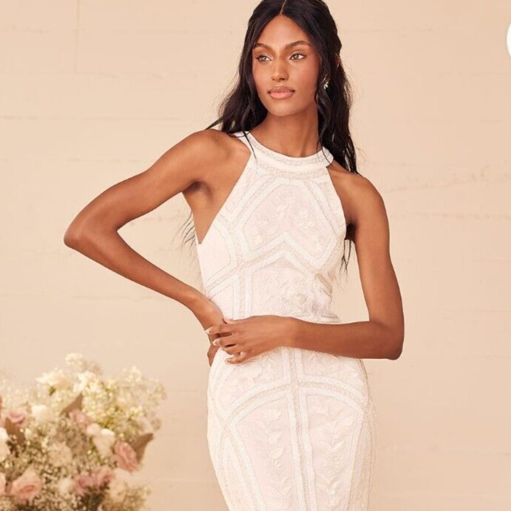 Lulu White Beaded Sequin Halter Maxi Dress